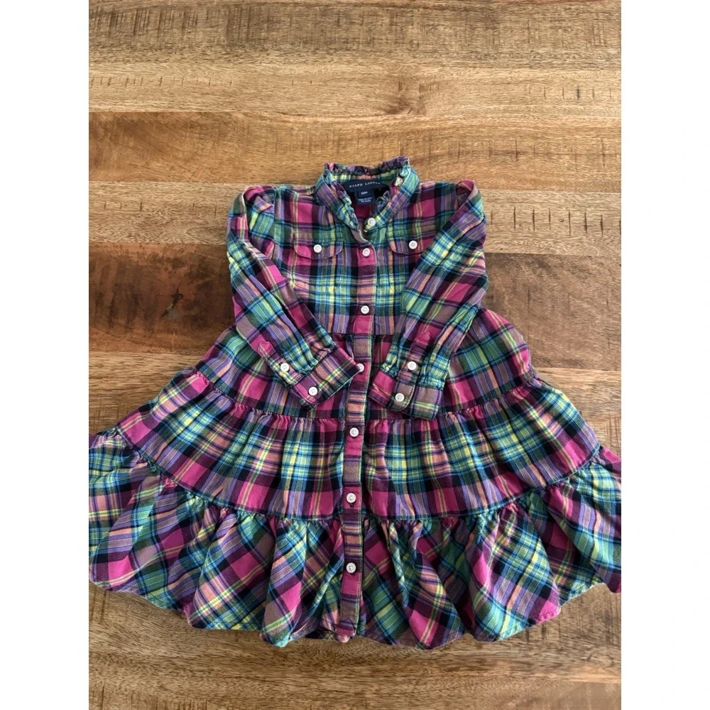 Ralph Lauren Baby Girls Plaid Dress 18M Multicolor Tiered Button Front Cotton
